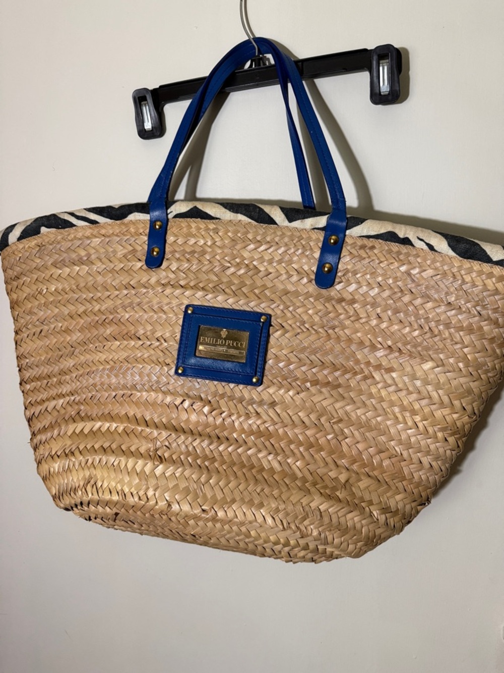 Emilio Pucci Natural Straw Tote with Blue Leather Trim